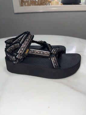 Teva Black Platform Sandals with Patterned Straps